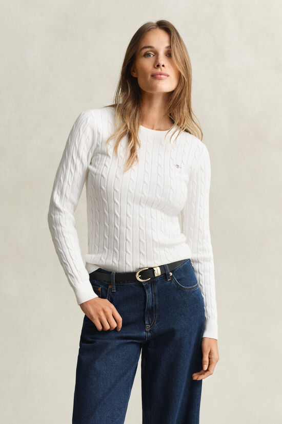 Crewneck sweater af str&aelig;kbomuld med kabelstrik
