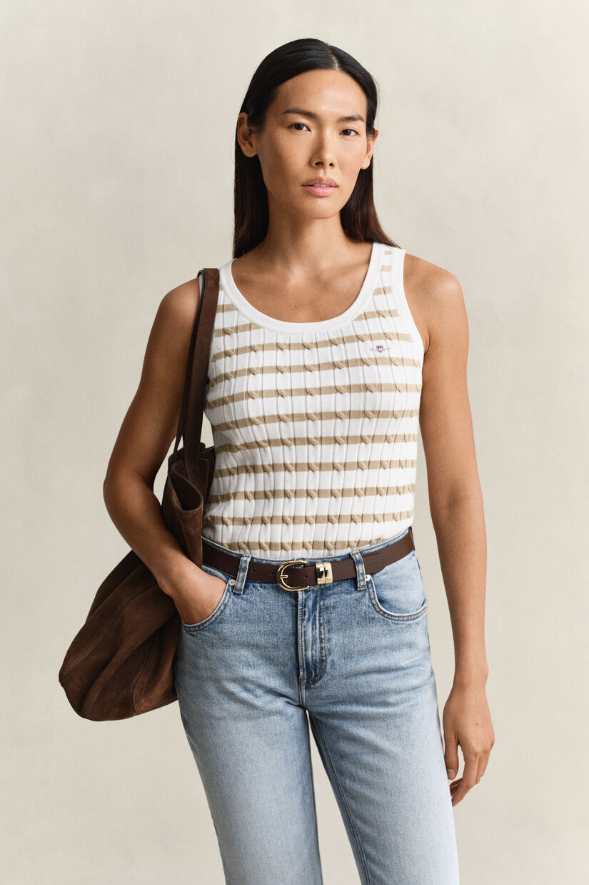 Stribet tanktop med kabelstrik